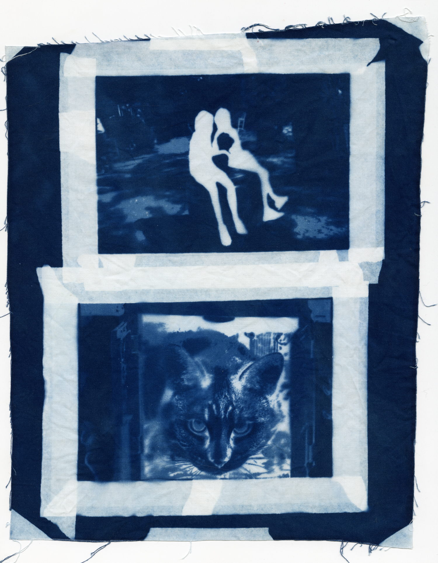 Blue cyanotype on frayed fabric of two childhood images, one with the figures of two girls blocked out, with only the background visible, and one with the negative of a cat's face staring out at the viewer