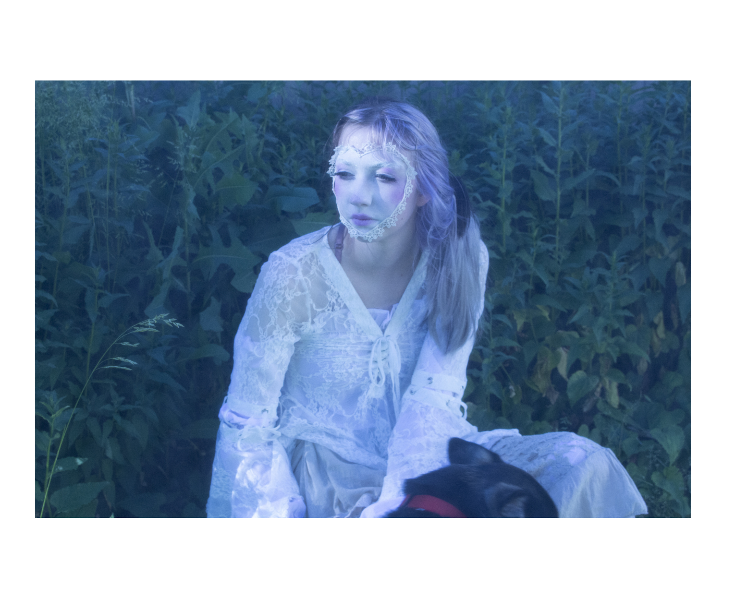 A woman with white face paint and pink makeup in a white dress, sitting in a field of ferns. The ear of a dog is visible.